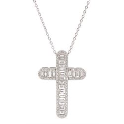 18ct white gold baguette cut and round brilliant cut diamond cross pendant, on 18ct white gold chain, total diamond weight approx 2.00 carat