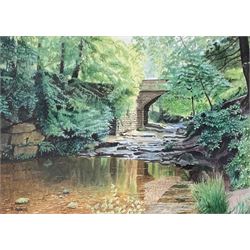 Robert Parkin (Northern British contemporary): 'Little Beck near Whitby in Autumn' and 'Falling Foss Hermits cave', three watercolours signed max 27cm x 37cm (3)