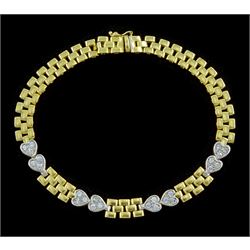18ct gold cubic zirconia set heart and brick link bracelet, stamped 750