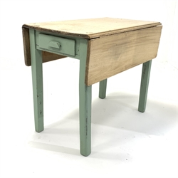 Early 20th century pine drop leaf kitchen table, with scrub top over drawer to one end, raised on painted moulded square supports, 103cm x 91cm, H77cm