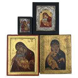Four reproduction Byzantine Icons, including two silver-mounted examples, max 15cm x 19cm (4)
