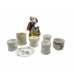 Staffofsdhire flatback figure modelled as a Scottish man with Goat, H24.5cm, a 19th century documentary mug inscribed 'Walter Gott Born October 17th 1880, together with five 19th century Souvenir mugs etc (8)