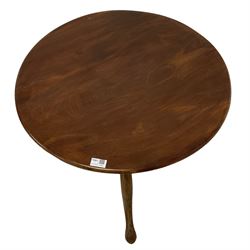 George III mahogany occasional table, circular tilt-top with birdcage action, over a gun barrel pedestal terminating in tripod base with cabriole supports