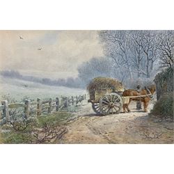 Albert George Adams (British, fl. 1854-1887): 'A Frosty Morning', watercolour of a horse and cart in winter, signed and dated 1878, 18cm x 27cm