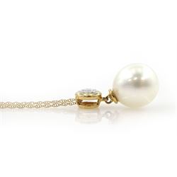 9ct gold cultured white pearl and round brilliant cut diamond pendant necklace