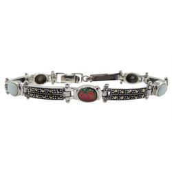 Silver oval opal and marcasite link bracelet stamped 925