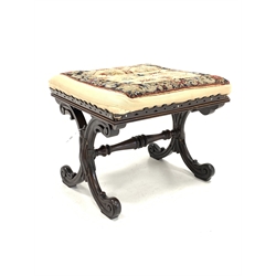 19th century rosewood upholstered footstool, scrolled 'X' frame base with stretcher, together with a pine footstool with needlework upholstered top 