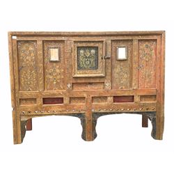 Indian hardwood hutch painted with all over interlaced floral design, the central door enclosed by two mirrored panels, raised on stile supports W170cm, H121cm, D48cm