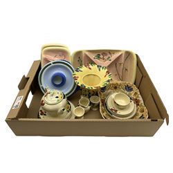 Charlotte Rhead for Crown Ducal twin handled dish, Titian ware part tea set, Shelley pottery, Royal Winton coffee pot etc in one box