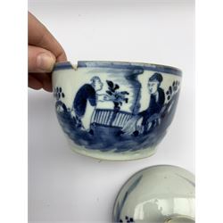 18th/ 19th century Chinese porcelain blue and white jar and cover decorated with figures H14cm, pair of 18th century Chinese Export blue and white plates with gilt highlights, Japanese blue and white bowl, 19th century transfer printed dish and small tureen