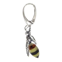Pair of silver Baltic amber bee pendant earrings, stamped 925