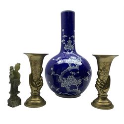 Large Chinese prunus bottle vase H45cm, Chinese carved greenstone figure depicting Guanyin, together with a pair of early 20th century Chinese brass vases modelled as a hand holding a cornucopia with incised decoration H22cm (4)