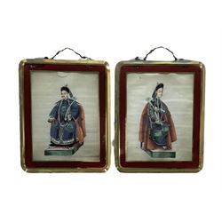 Pair of late 19th century Chinese paintings on rice paper of a seated Emperor and Empress in full dress, framed in a bevelled glass plate with gilt border, 26cm x 22cm overall (2)