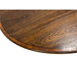17th century design oak drop-leaf coffee table, oval top with yew wood banding and ebony stringing, fitted with two drawers, on double gate-leg action with turned supports united by stretchers