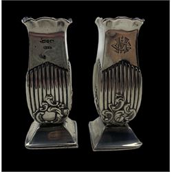 Pair of late Victorian small silver square section vases engraved with a monogram with reeded base H9cm Maker Stokes & Ireland and a plated four division egg cruet 