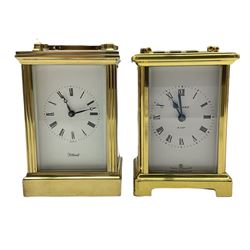 An English contemporary eight-day timepiece carriage clock with an eleven jewelled movement and lever platform escapement, white enamel dial with Roman numerals, minute markers and steel moon hands, bevelled glass panels to the case and a rectangular glass panel to the top of the case, dial inscribed “F Hinds”. No Key.
With a French “Bayard” carriage clock, eight-day movement with integral key, three bevelled glass panels with a white dial, Roman numerals and minute track, steel spade hands. 
