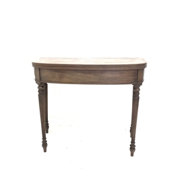 19th century mahogany bow front fold over tea table, the top with reeded edge over plain frieze and raised on reeded supports, W90cm