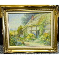 L Giblin (British 20th century): 'Cottage Garden', oil on canvas laid onto board signed, titled on artist's address label verso 40cm x 50cm