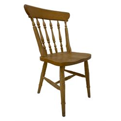 Set eight (6+2) beech kitchen chairs, high spindle back with saddle seat, raised on turned supports united by H-stretcher 