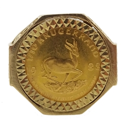 1988 gold 1/10 Krugerrand, loose mounted in 9ct gold ring hallmarked