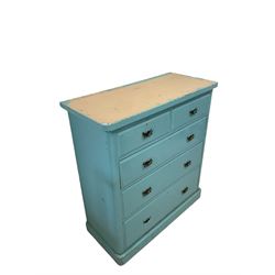 Blue painted chest of drawers, fitted with two short and three long drawers, raised on a plinth base 