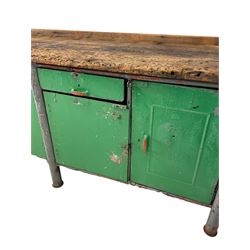 Reclaimed industrial workshop bench, sycamore plank top over drawers and cupboards 