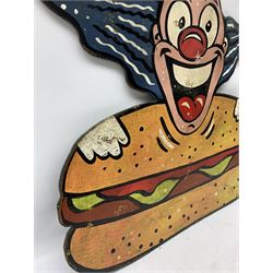Vintage Circus advertising sign, painted with a Clown holding a Burger, L64cm x 54cm 
