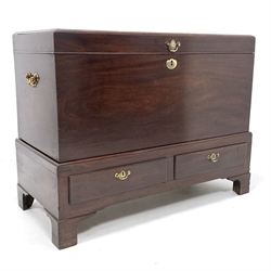 George II mahogany silver chest, the chest enclosed by moulded hinged lid on base fitted with two drawers, bracket feet, brass handles and escutcheon, W118cm, H90cm, D56cm