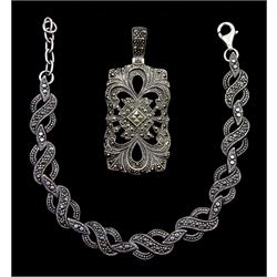 Silver and marcasite bracelet and pendant, stamped 925