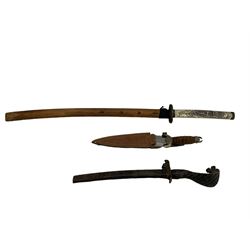 Decorative Japanese katana with ivorine handle, L103cm, Malayan sword with cobra carved handle and a Spanish reproduction knife (3)
