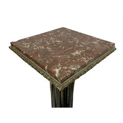 Late 19th century Neoclassical design ebonised and gilt jardinière, the square marble top with foliate gilt metal edge over a fluted column with inset floral gilt metal applied decoration, the circular socle on a stepped plinth base with embossed metal edge with C-scroll and cartouche repeating patterns