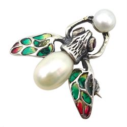 Silver plique-a-jour and pearl insect brooch, stamped 925