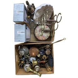 Quantity of metal ware including brass candle sticks and chestnut roaster together with porcelain shell etc.in two boxes; 19th century elm chair 