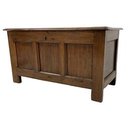 George III oak blanket chest, rectangular hinged lid with moulded edge over panelled front and sides, raised on square supports 