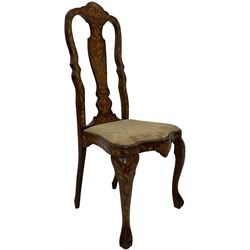 19th century Dutch style walnut chair, the cresting rail with foliate inlays over splat decorated with urn, bird and floral inlay, raised on cabriole supports with ball and claw supports  