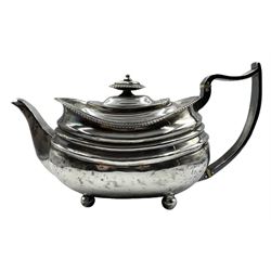 George III silver rectangular teapot with bead edge and reeded decoration on ball feet London 1814 
