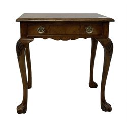 Early 20th century Queen Anne design walnut lamp table, rectangular crossbanded top with moulded edge, fitted with single drawer, cabriole supports with shell moulded knees and scroll feet