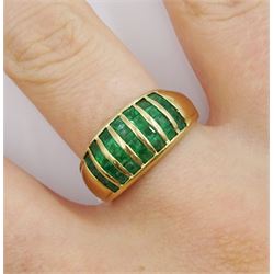 9ct gold calibre cut emerald curved ring, hallmarked 