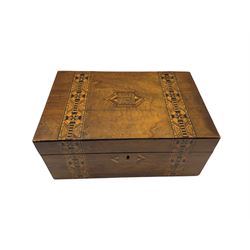 Victorian walnut writing box with Tunbridge ware banding W35cm