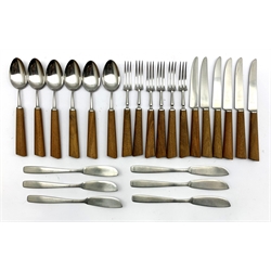 Set of 1960s stainless steel and teak handled cutlery by Mills Moore comprising six knives and forks and six dessert spoons and six Solingen Chromolit knives