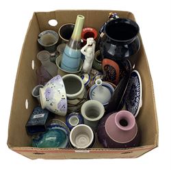 Studio pottery, porcelain figures, Mdina glass etc in one box