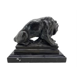 After Antoine-Louis Barye, 20th century patinated metal study of a lion and boar, on black marble base, L30cm x H25cm