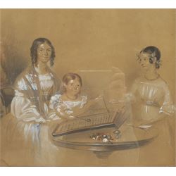J P Petal (British 19th century): Mother and Daughters Playing a Game, watercolour and pastel indistinctly signed and dated 1845, 32cm x 35cm