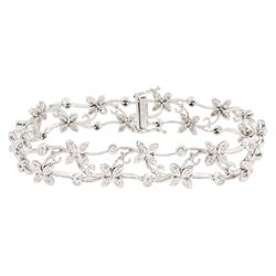 18ct white gold round brilliant cut diamond floral link bracelet, stamped, total diamond weight approx 0.55 carat