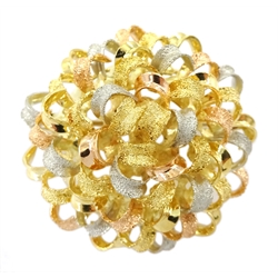 18ct white, yellow and rose gold circular stylised flower design brooch, with textured and smooth gold ribbons, stamped 750, approx 13.4gm