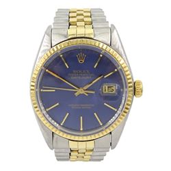 Rolex Oyster Perpetual Datejust gentleman's stainless steel and gold automatic wristwatch, circa 1978, Ref. 16013, serial No. 5555540, milled bezel, blue dial with baton hour markers, on jubilee bracelet