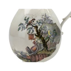 18th century Meissen coffee pot, the body painted to both sides with exotic birds perched on a branch before distant buildings and a tavern scene, with scroll moulded spout and handle, blue crossed swords mark beneath, H19.5cm. Provenance: From the Estate of the late Dowager Lady St Oswald
