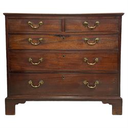 George III mahogany chest, moulded rectangular top over two short and three long cock-beaded drawers, with circular brass handle plates and swan neck handles, on bracket feet