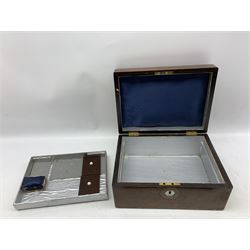 Victorian walnut sewing box with mother of pearl inlay, L27cm together with a framed set of six plaster seals
