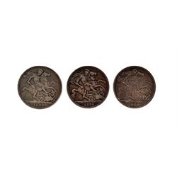 Three Queen Victoria crown coins, dated 1889, 1890 and 1900